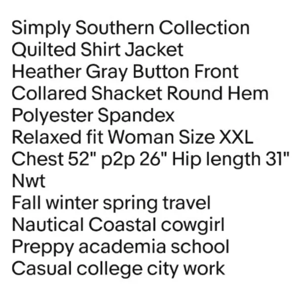 Simply Southern Quilted Shirt Jacket Woman XXL Heather Gray Button Shacket Nwt - Picture 10 of 11